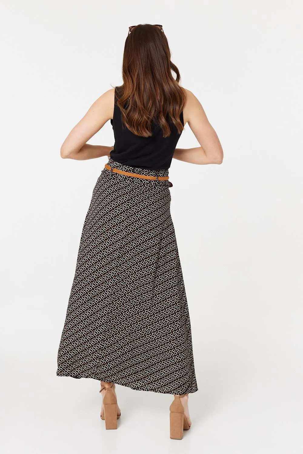 Printed A-Line Belt Maxi Skirt