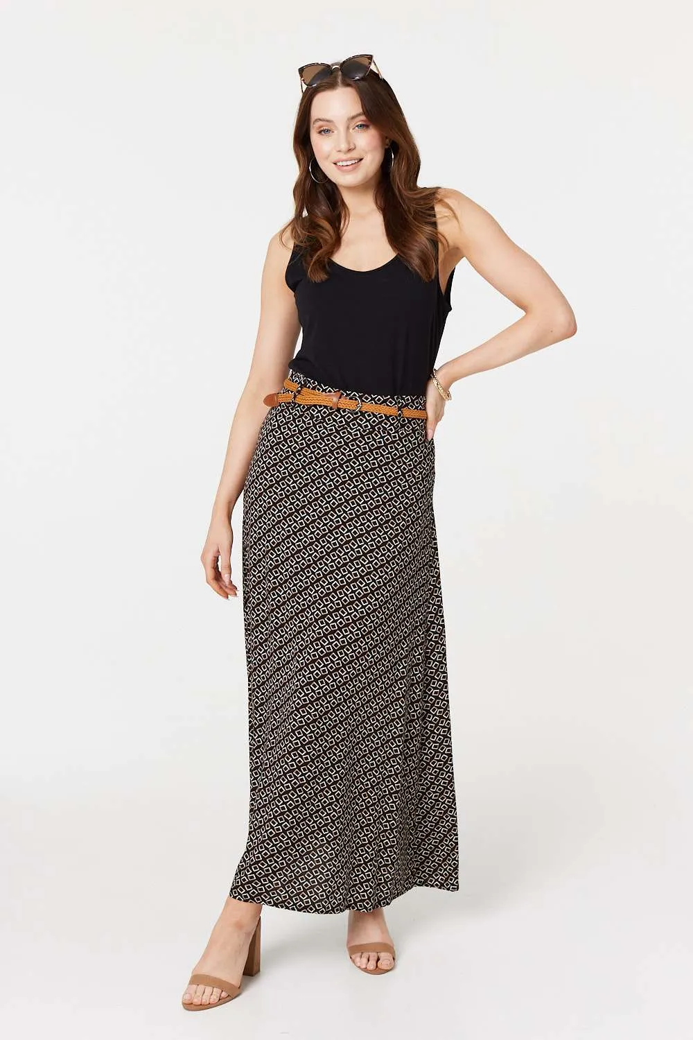 Printed A-Line Belt Maxi Skirt