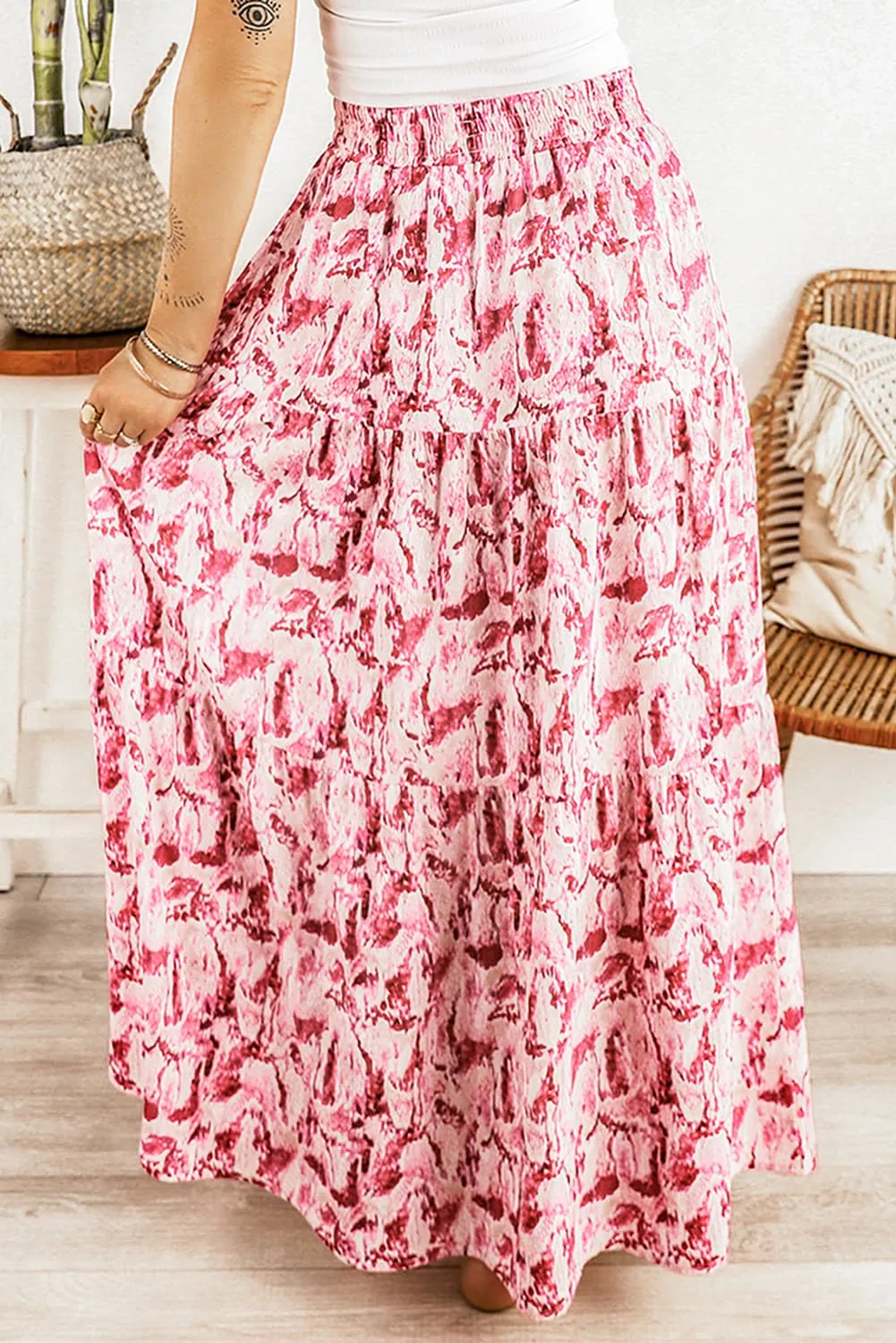 Printed Smocked Waist Maxi Skirt