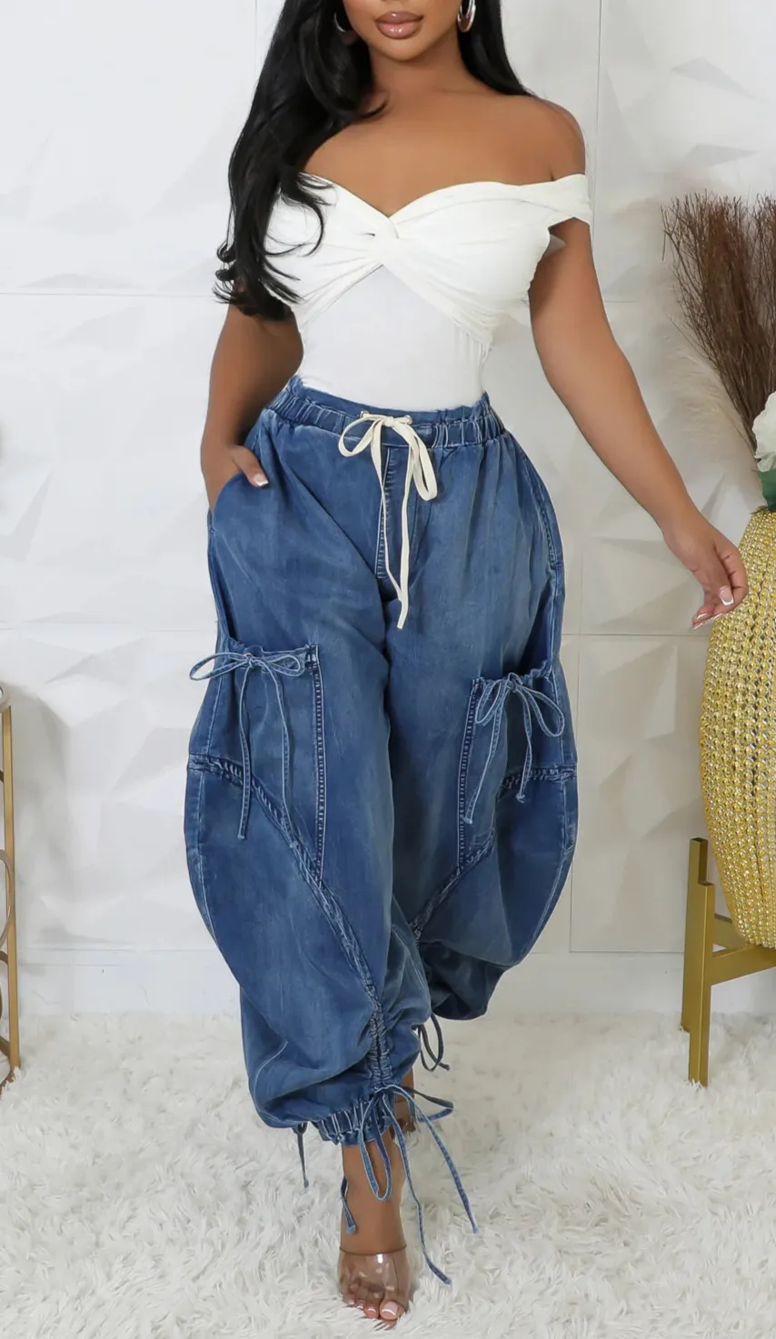 RE-STOCK Urban Chic Drawstring Denim Cargo Pants