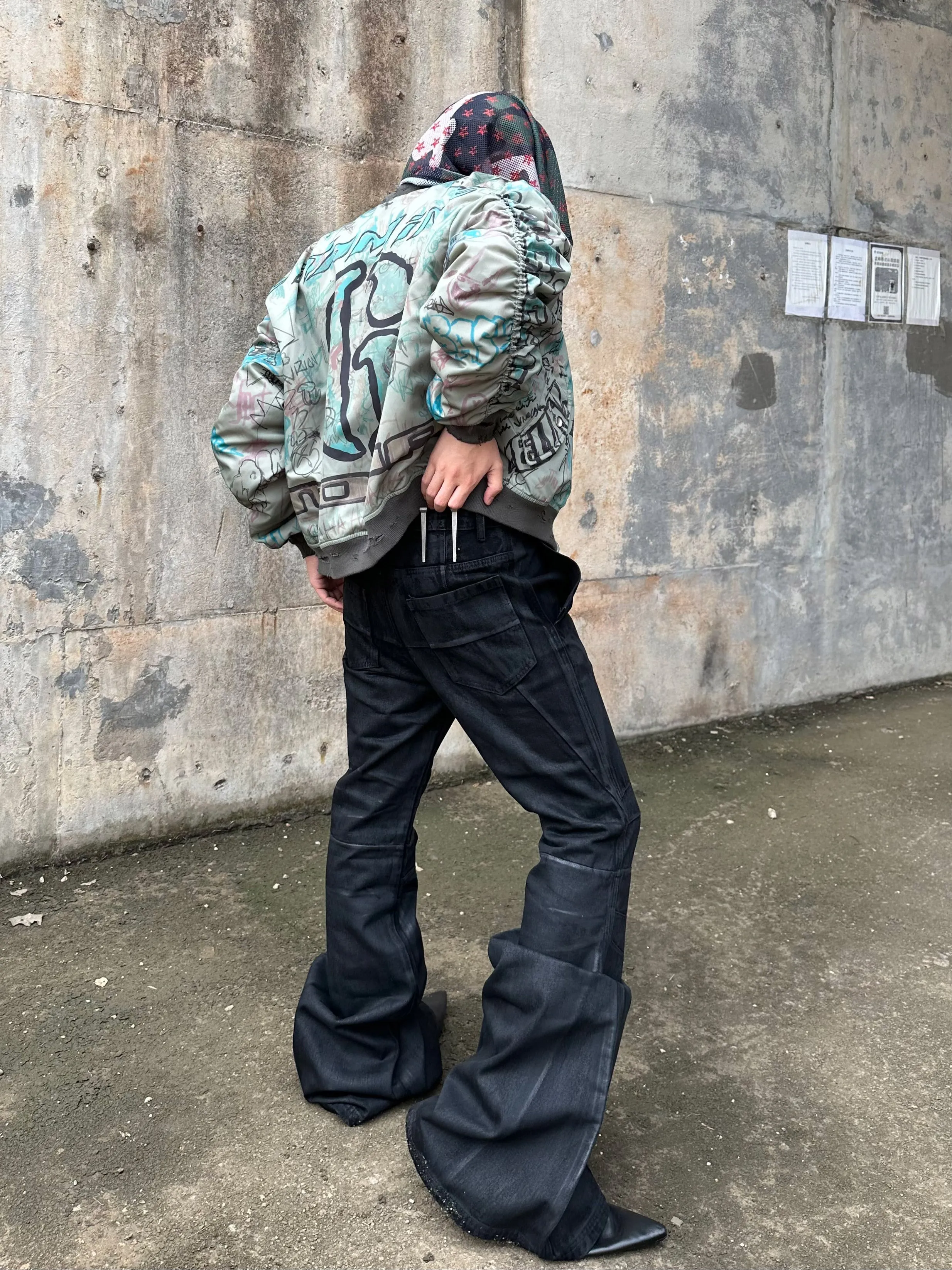 REBEL Hand-painted Waxed Washed Flared Waxed Pants