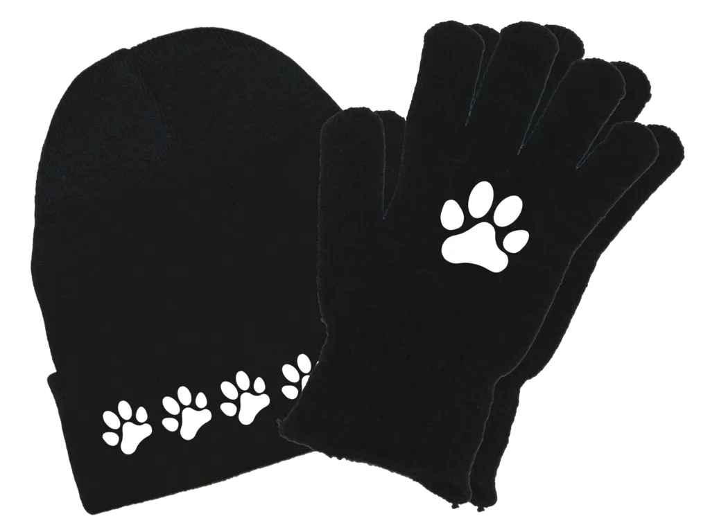 Reflective Knit Beanie & Gloves Combo - Paw Prints