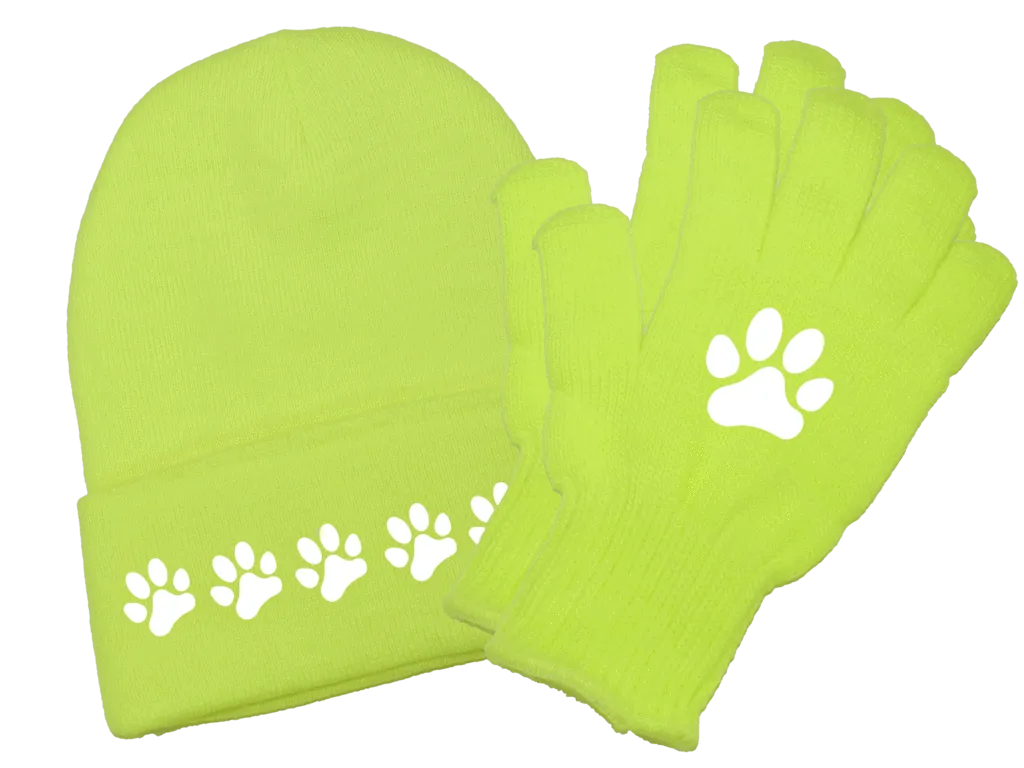 Reflective Knit Beanie & Gloves Combo - Paw Prints