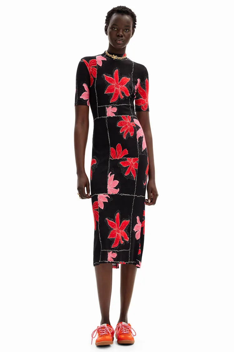 Ribbed Floral SS Midi Dress