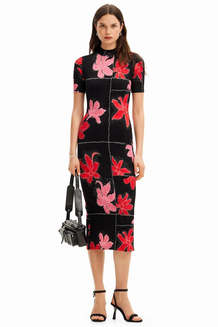 Ribbed Floral SS Midi Dress