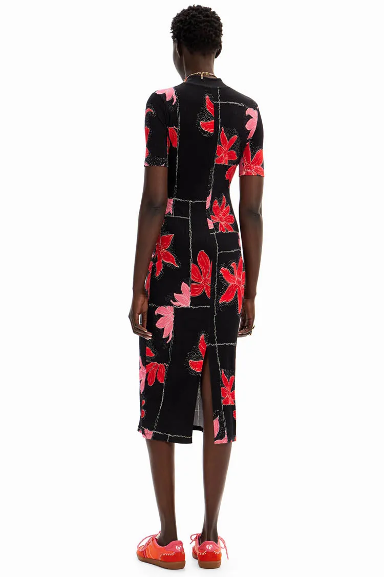 Ribbed Floral SS Midi Dress