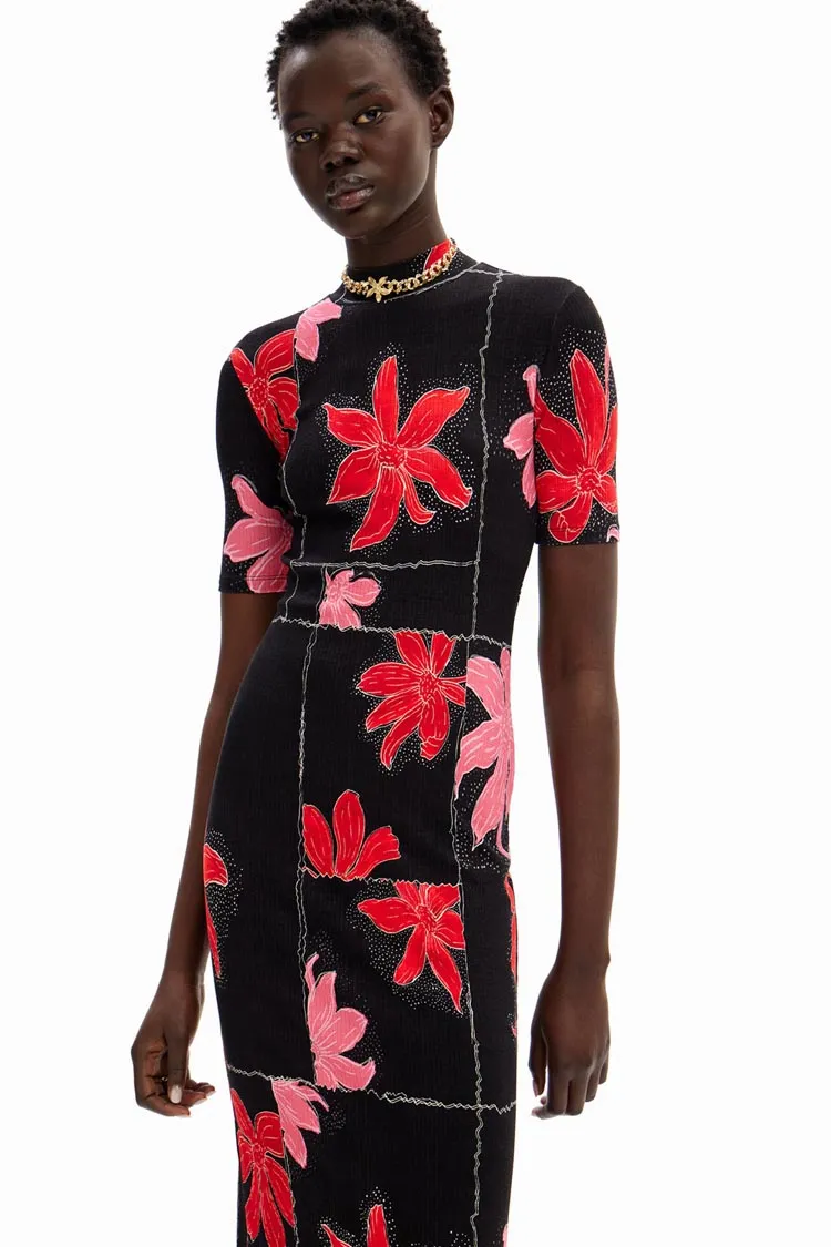 Ribbed Floral SS Midi Dress