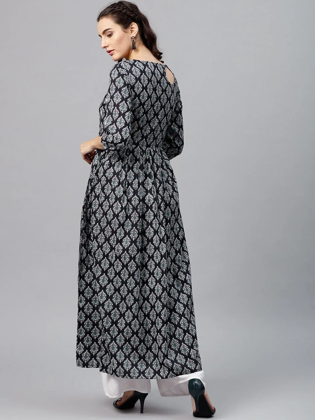 Round Neck Black & White Printed Maxi Dress With 3/4 Sleeves And Emblished With Tassels