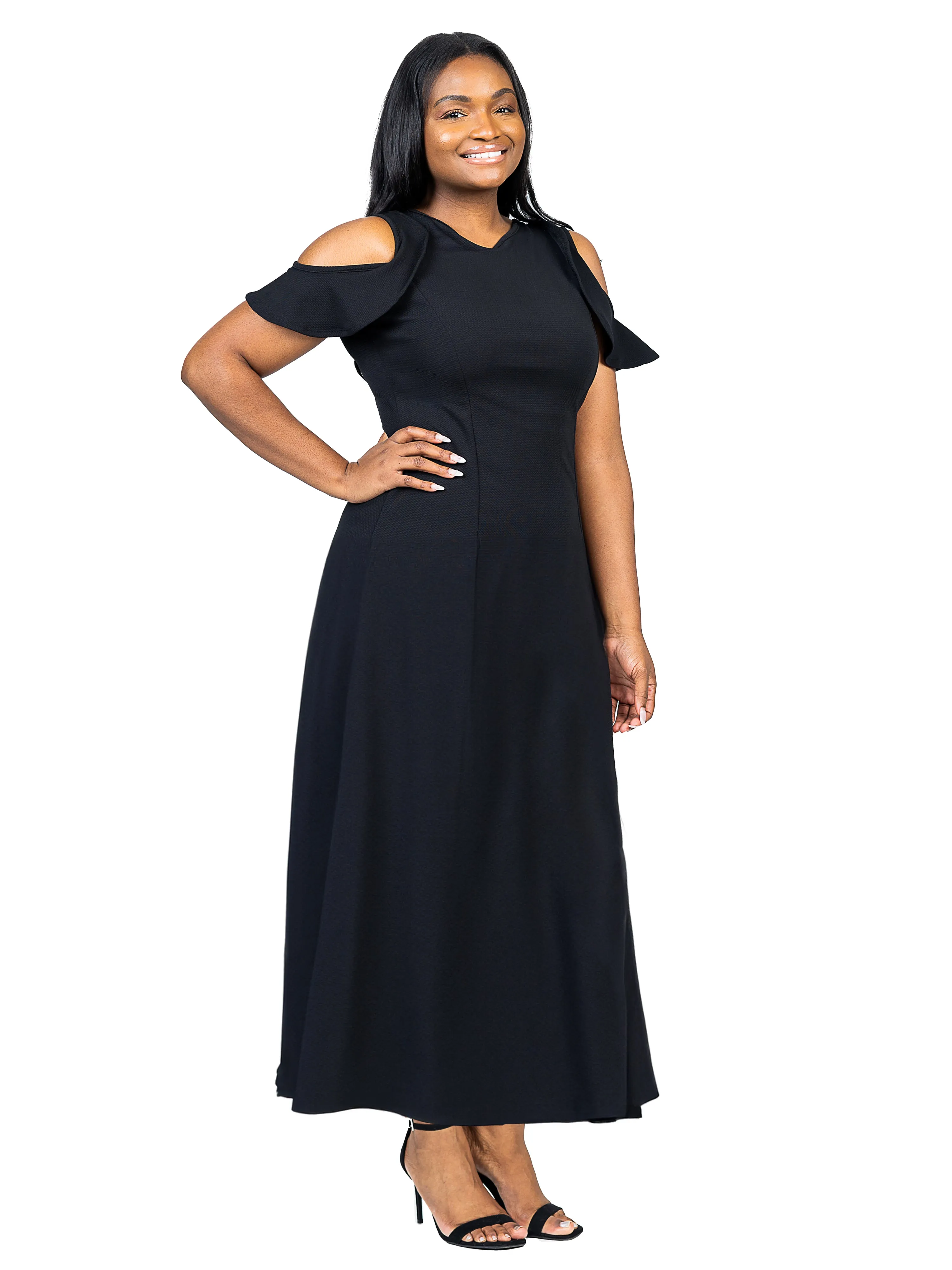 Ruffle Cold Shoulder A Line Plus Size Maxi Dress