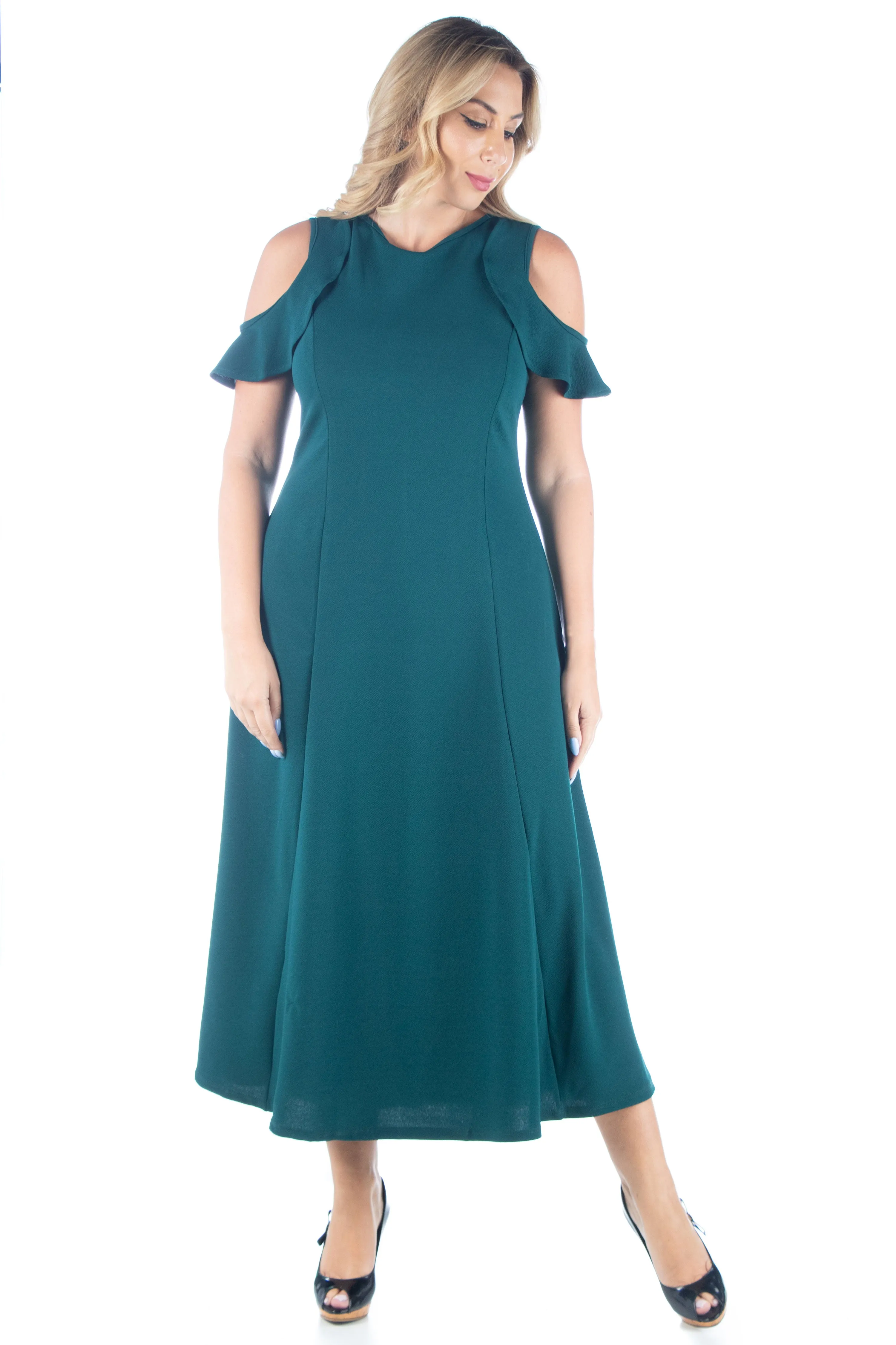 Ruffle Cold Shoulder A Line Plus Size Maxi Dress