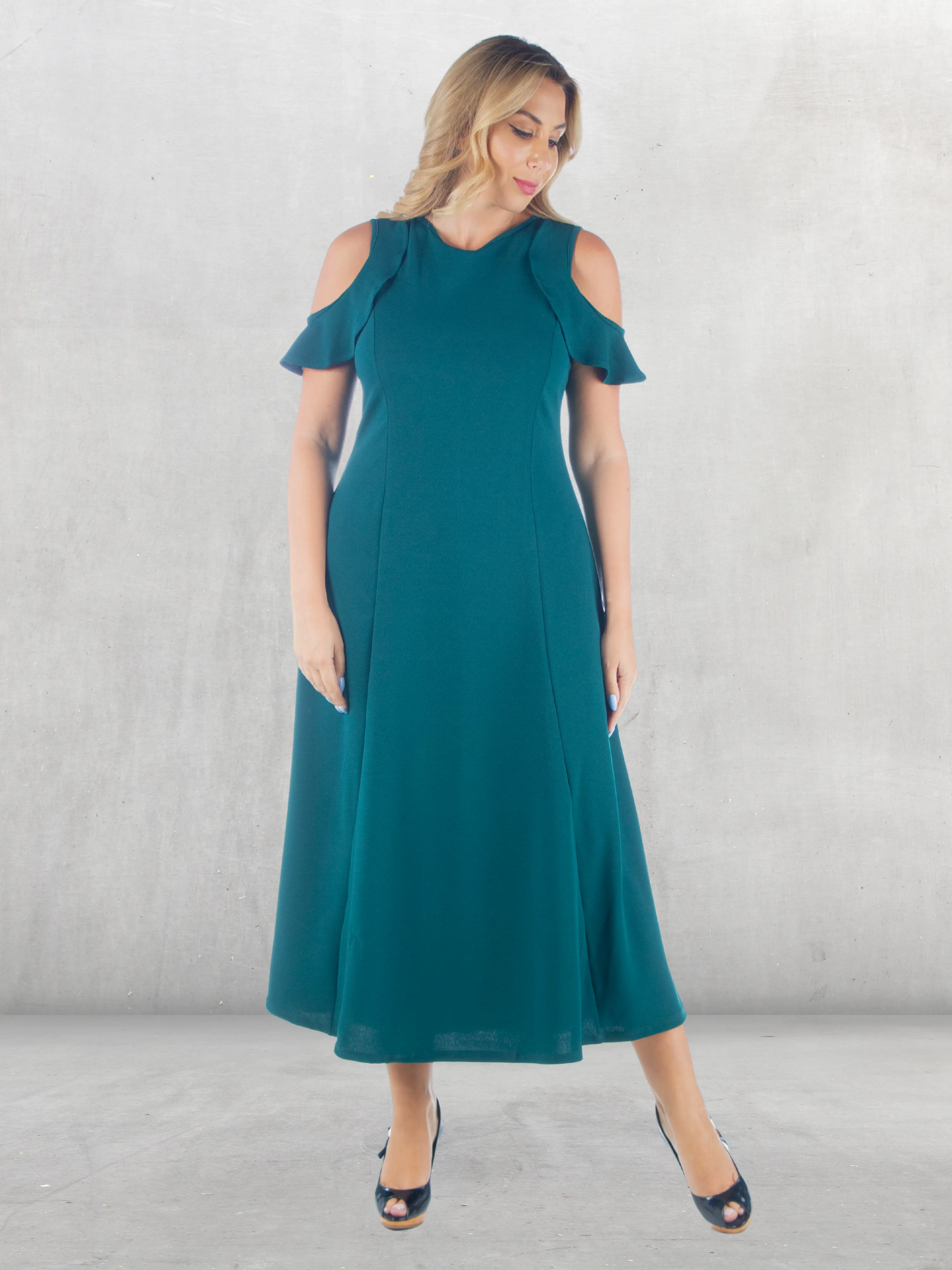 Ruffle Cold Shoulder A Line Plus Size Maxi Dress