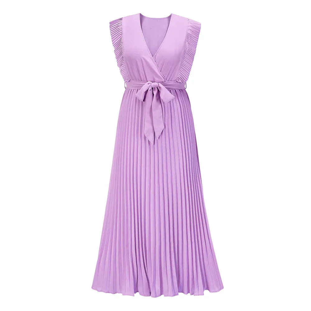 Ruffle Sleeve Chiffon Pleated Dress