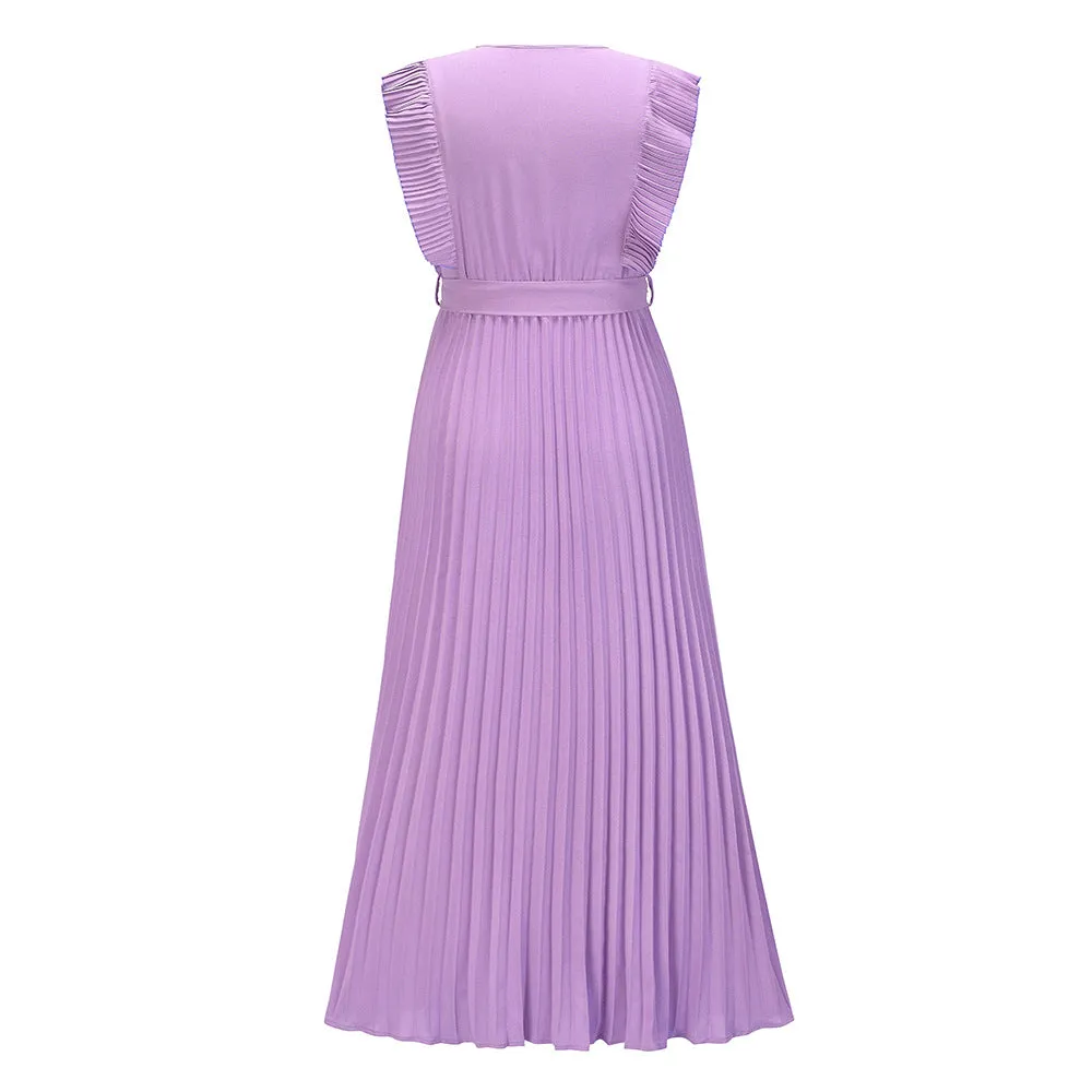 Ruffle Sleeve Chiffon Pleated Dress