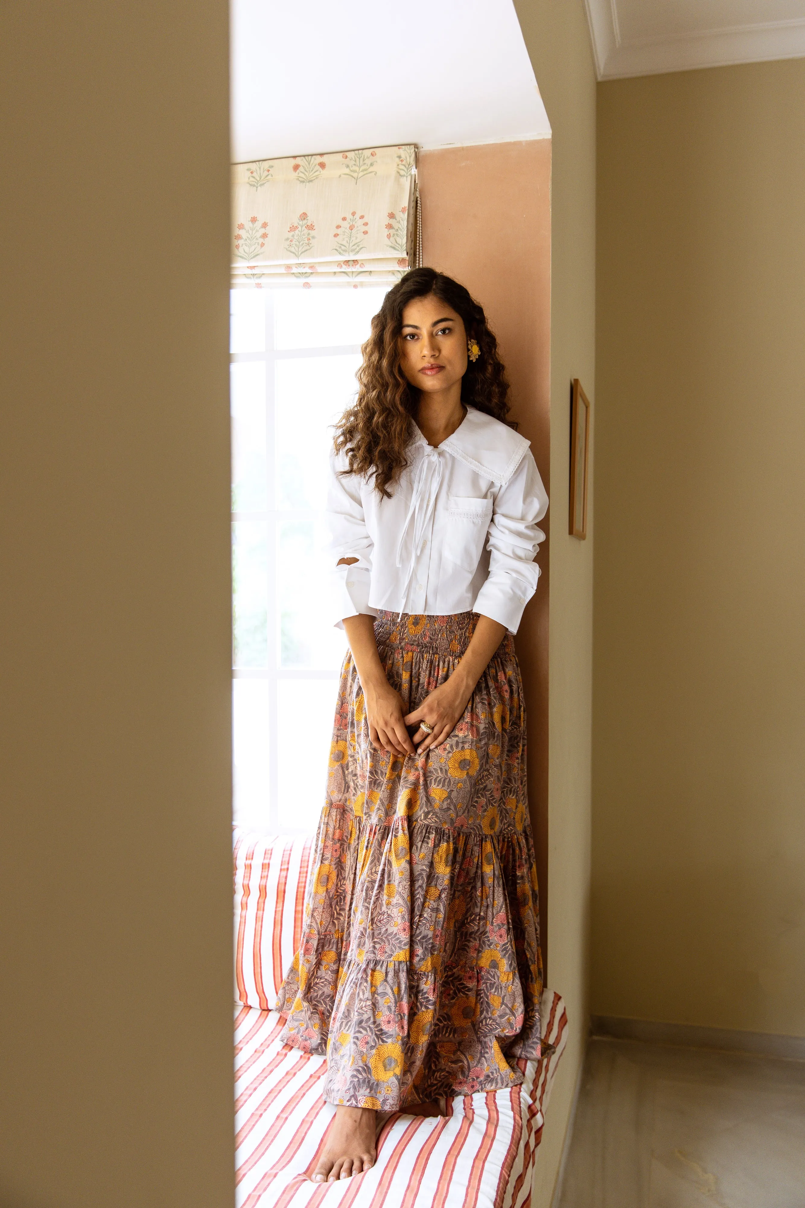 SALE Cotton Block Print Skirt - Grey Autumnal Print