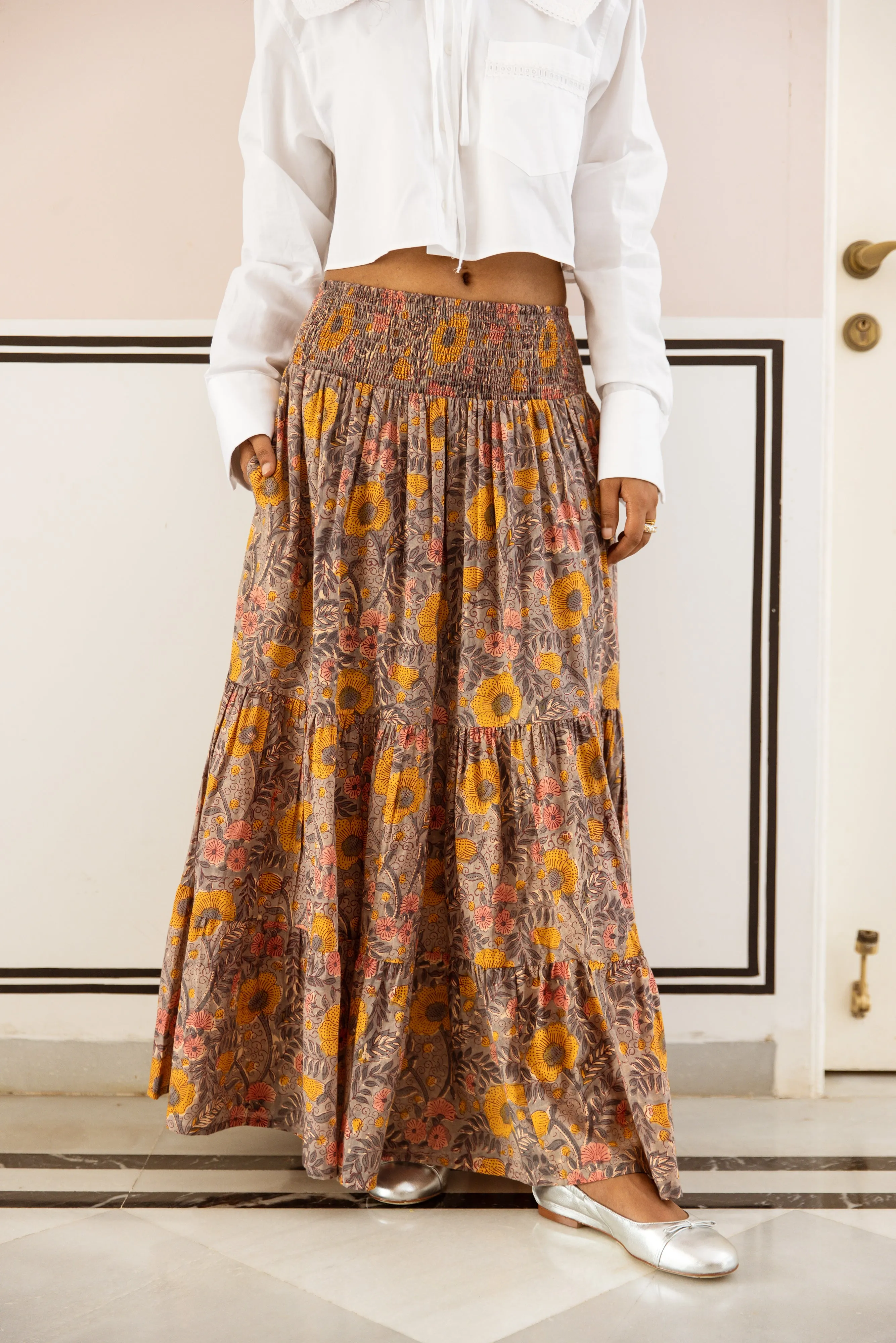 SALE Cotton Block Print Skirt - Grey Autumnal Print