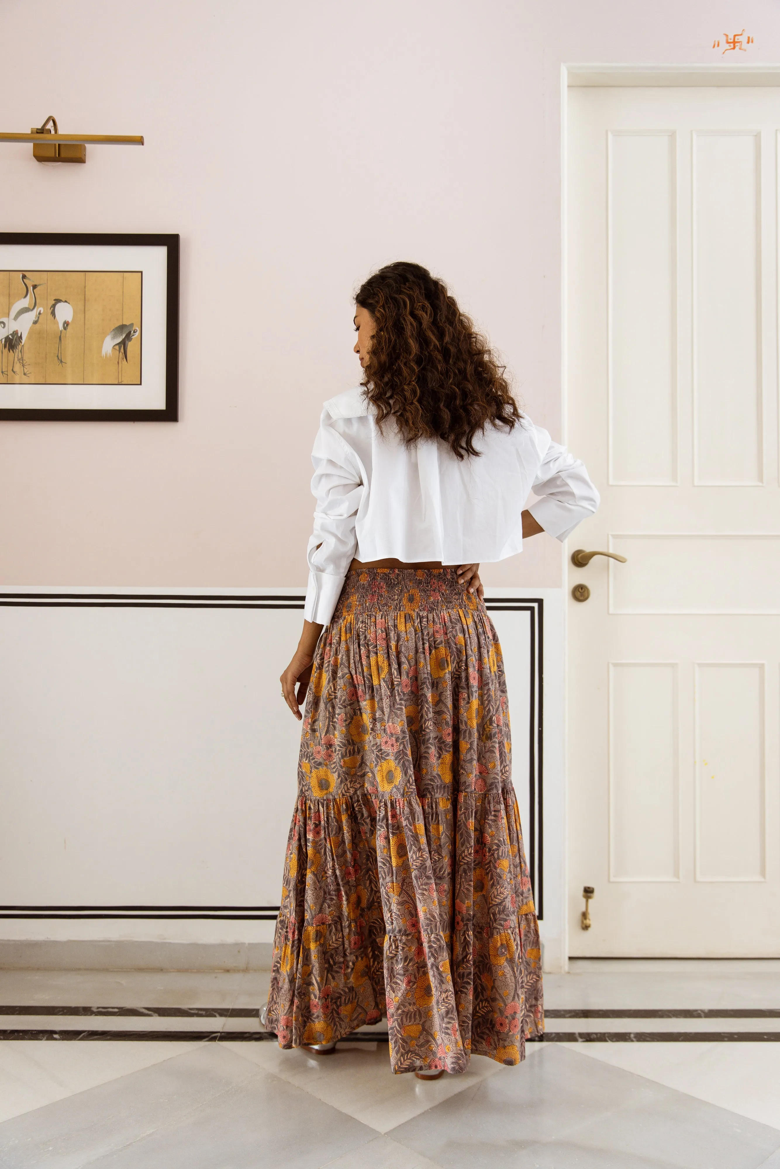 SALE Cotton Block Print Skirt - Grey Autumnal Print