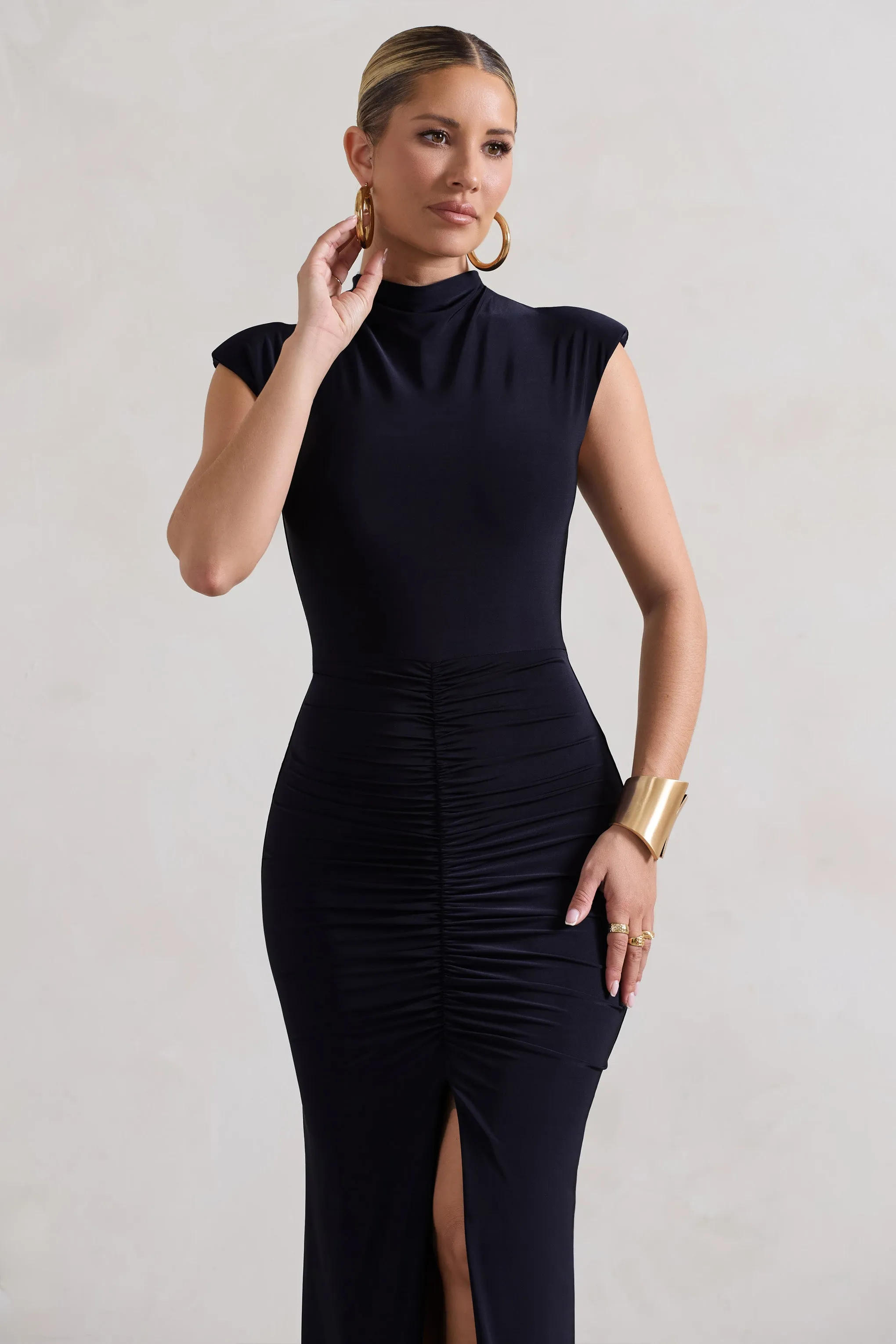 Samira | Navy Ruched High-Neck Split Maxi Dress