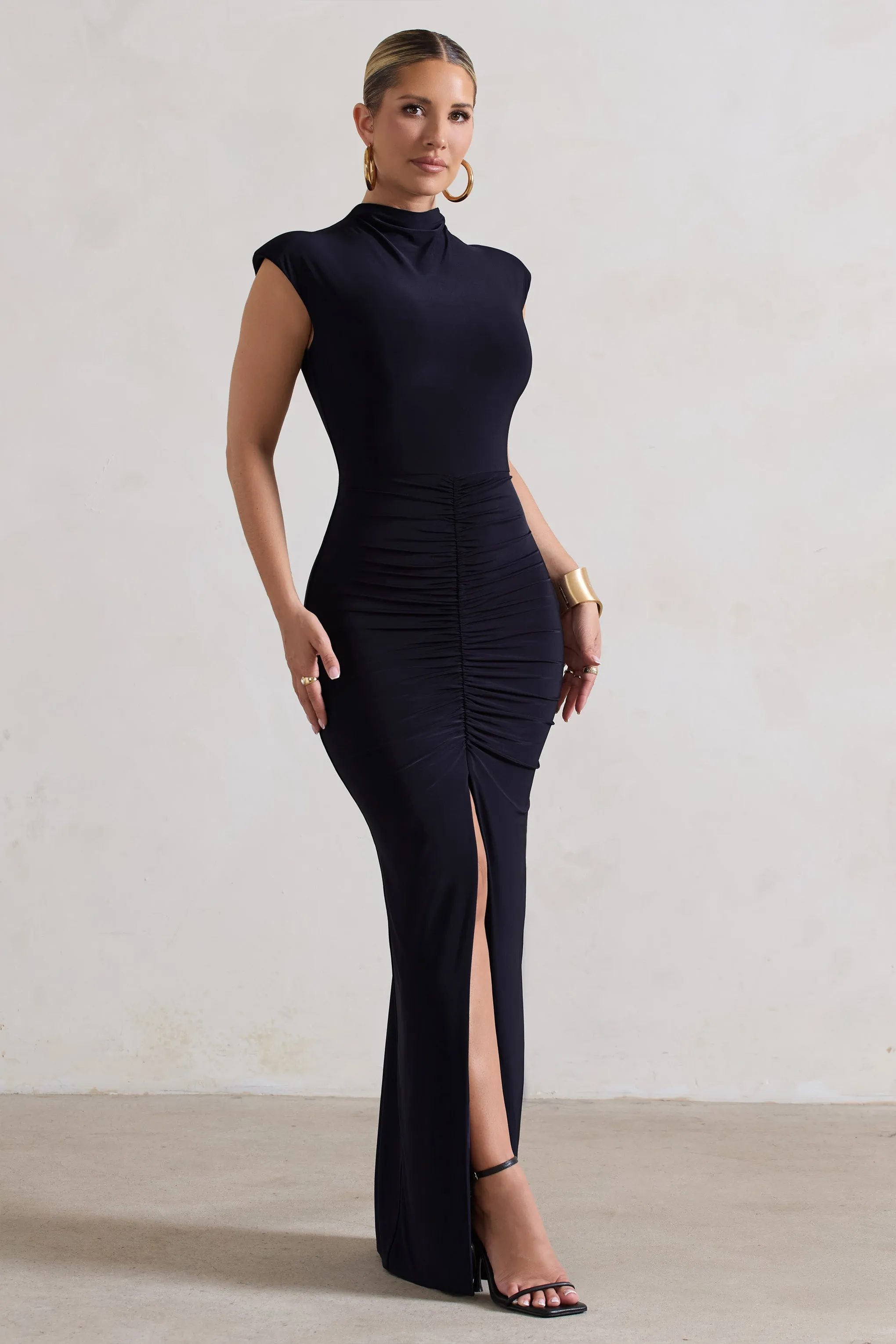 Samira | Navy Ruched High-Neck Split Maxi Dress