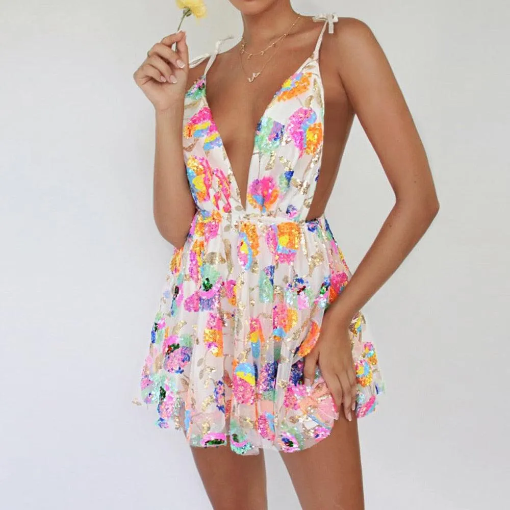 Sequin Floral Dress Backless Dress