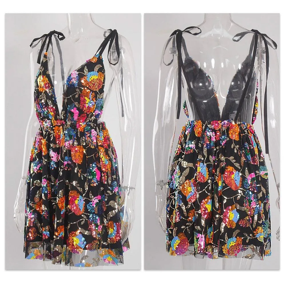 Sequin Floral Dress Backless Dress