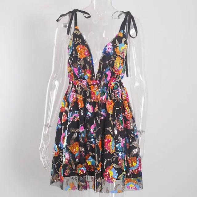 Sequin Floral Dress Backless Dress