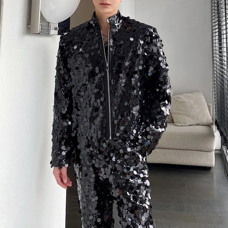 Sequined Stand Collar Jacket Straight Flared Pants Stage Party Two-piece Set