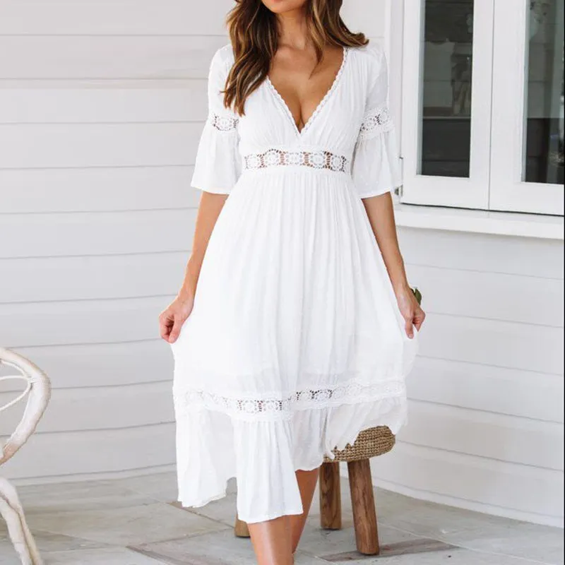 Sexy V-Neck Lace Elegant Hollow Ruffle Sleeve Maxi Dress