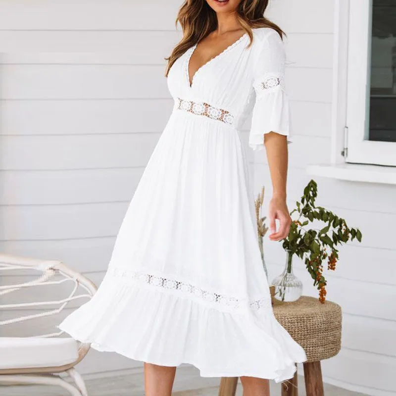 Sexy V-Neck Lace Elegant Hollow Ruffle Sleeve Maxi Dress