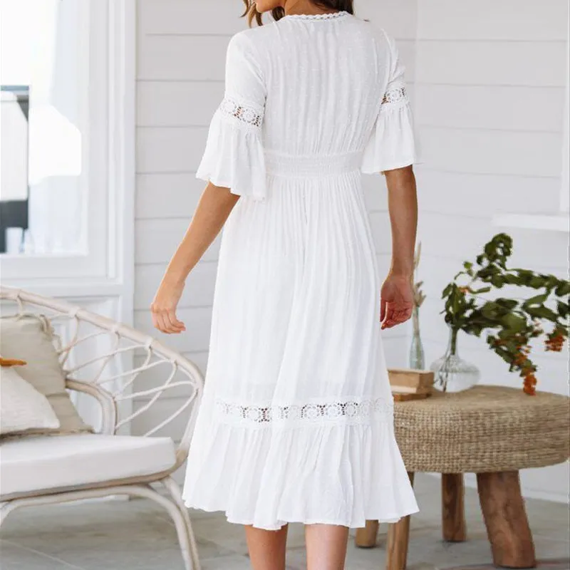 Sexy V-Neck Lace Elegant Hollow Ruffle Sleeve Maxi Dress