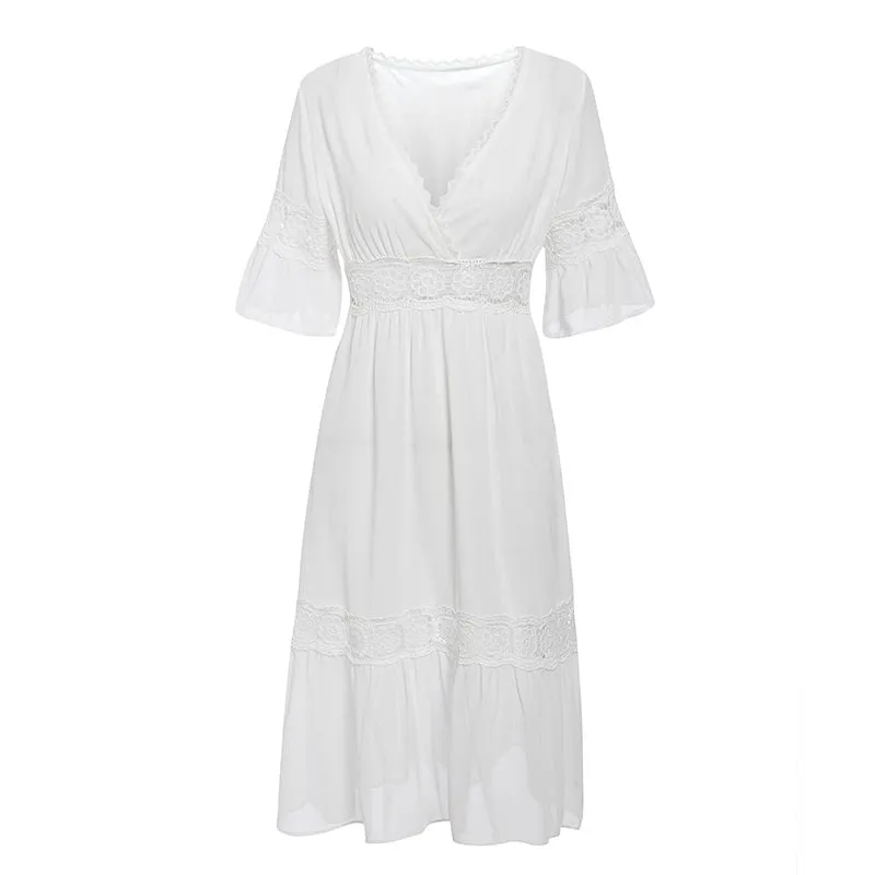 Sexy V-Neck Lace Elegant Hollow Ruffle Sleeve Maxi Dress