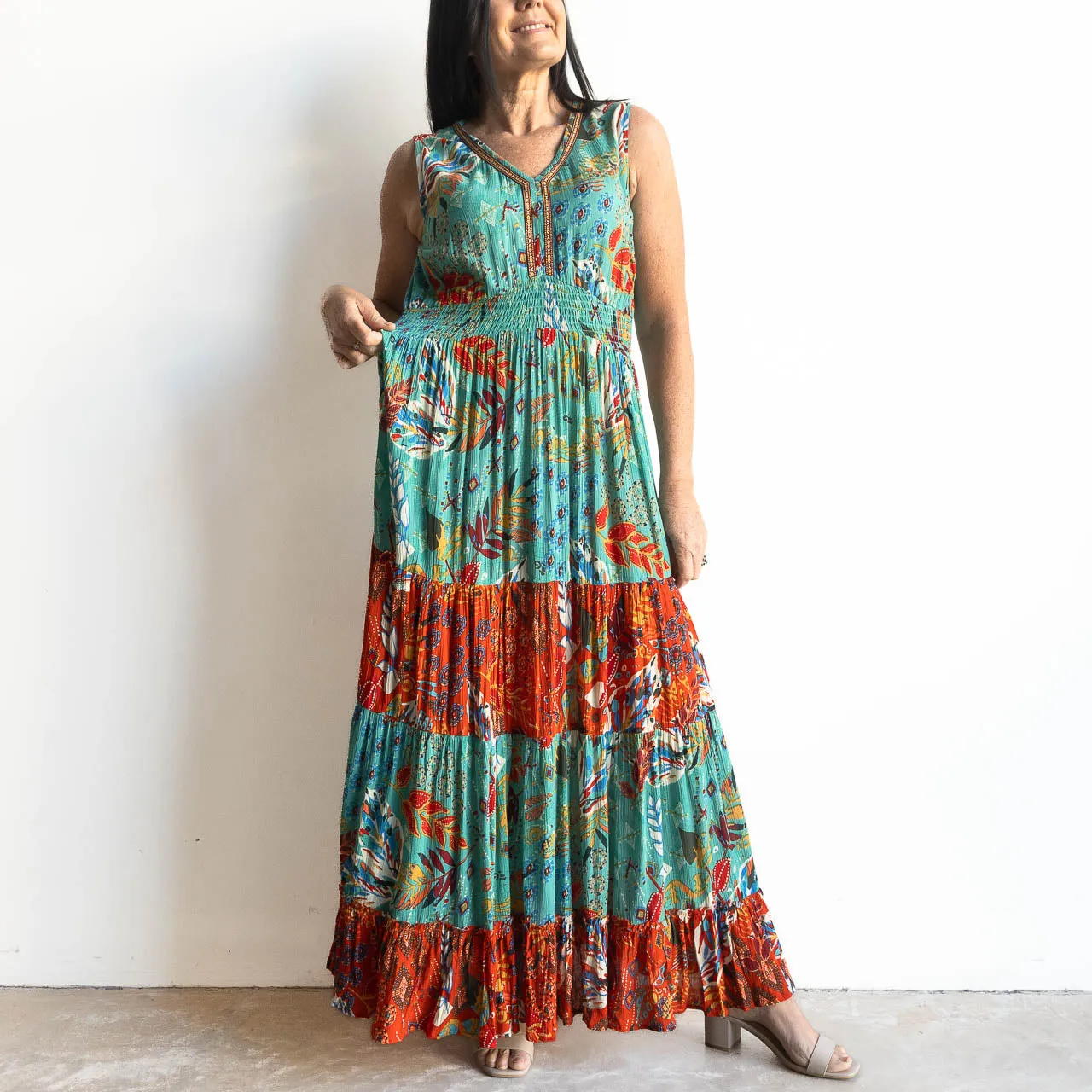 Shirred and Sleeveless Maxi Dress by Orientique Australia - Serengeti - 91013