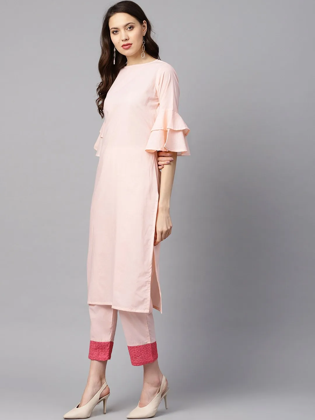 Solid Light Peach Straight Kurta With Flared Sleeves & Pants With Shifli Detailing