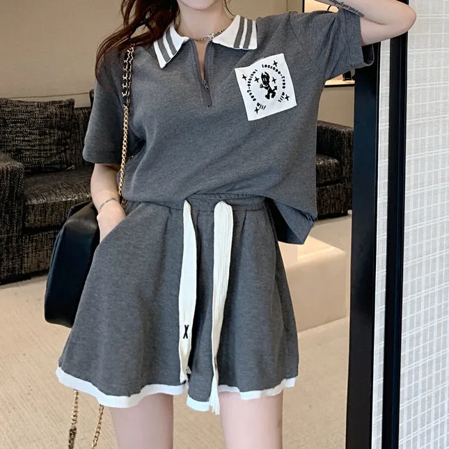 Sports Set Short-Sleeved Polo Collar Sweater Tie-Up Shorts