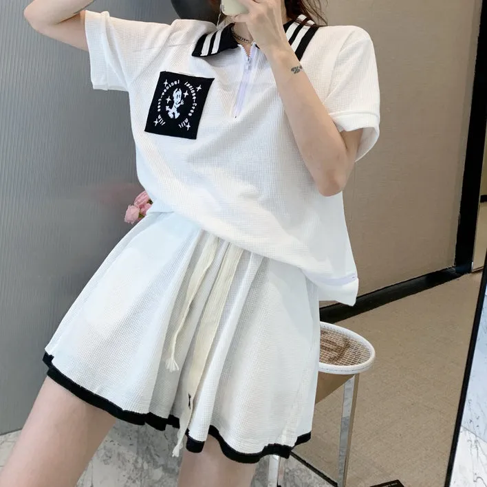 Sports Set Short-Sleeved Polo Collar Sweater Tie-Up Shorts