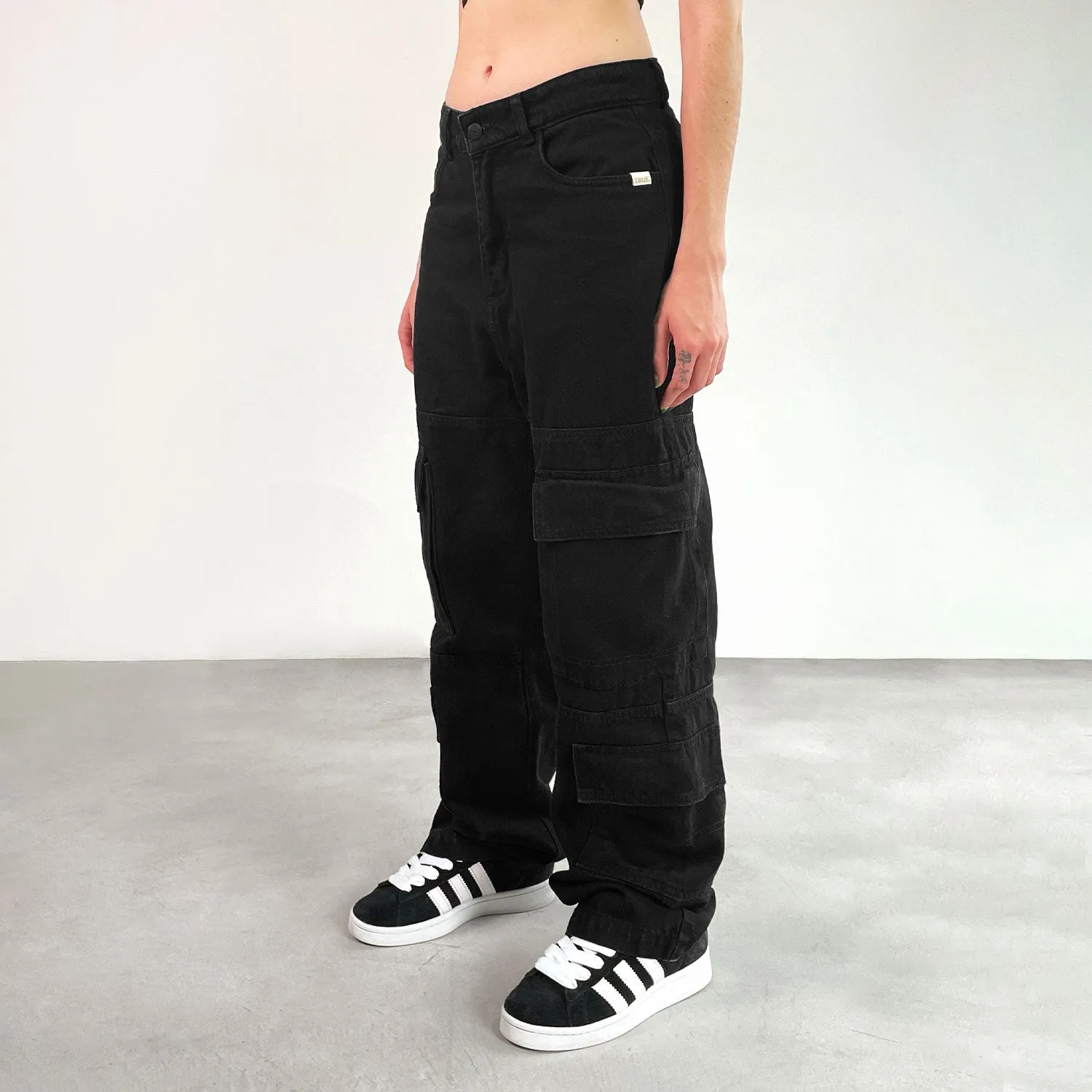 Straight Denim Cargo Pants - Black