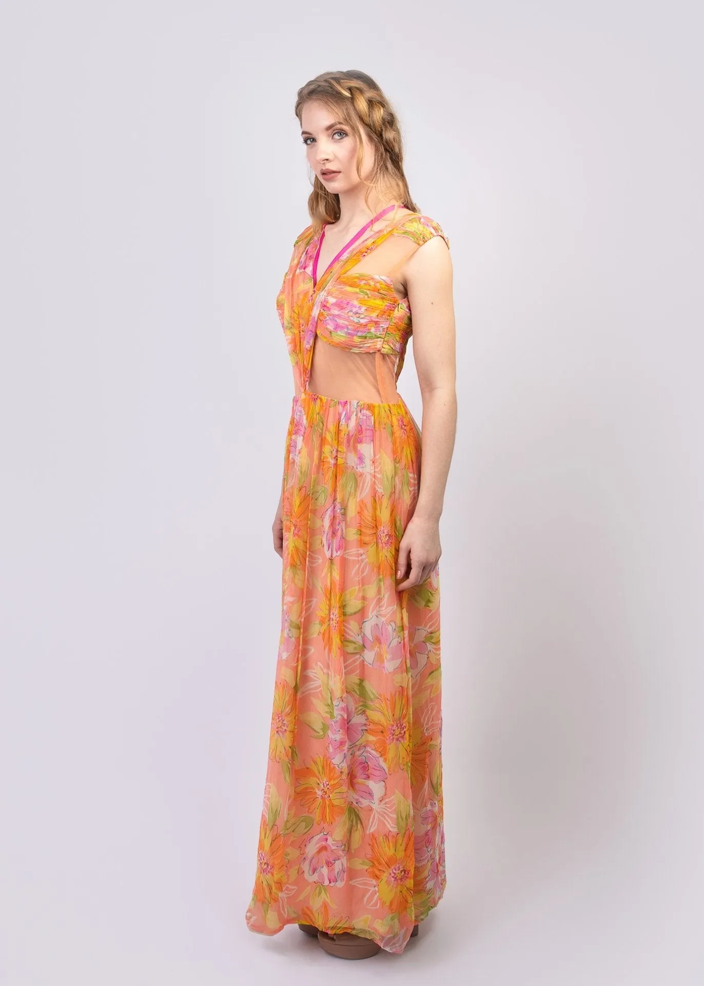 Strappy floral print chiffon maxi dress