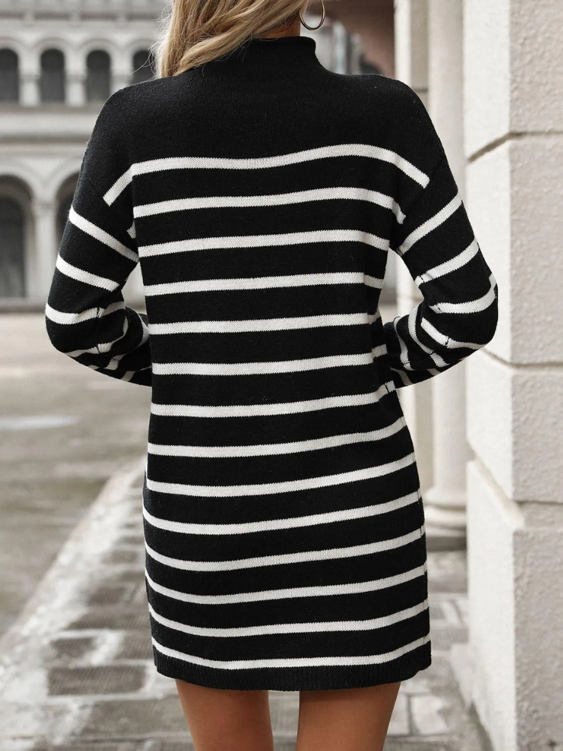 Striped Knit Mini Dress Mock Neck Long Sleeve