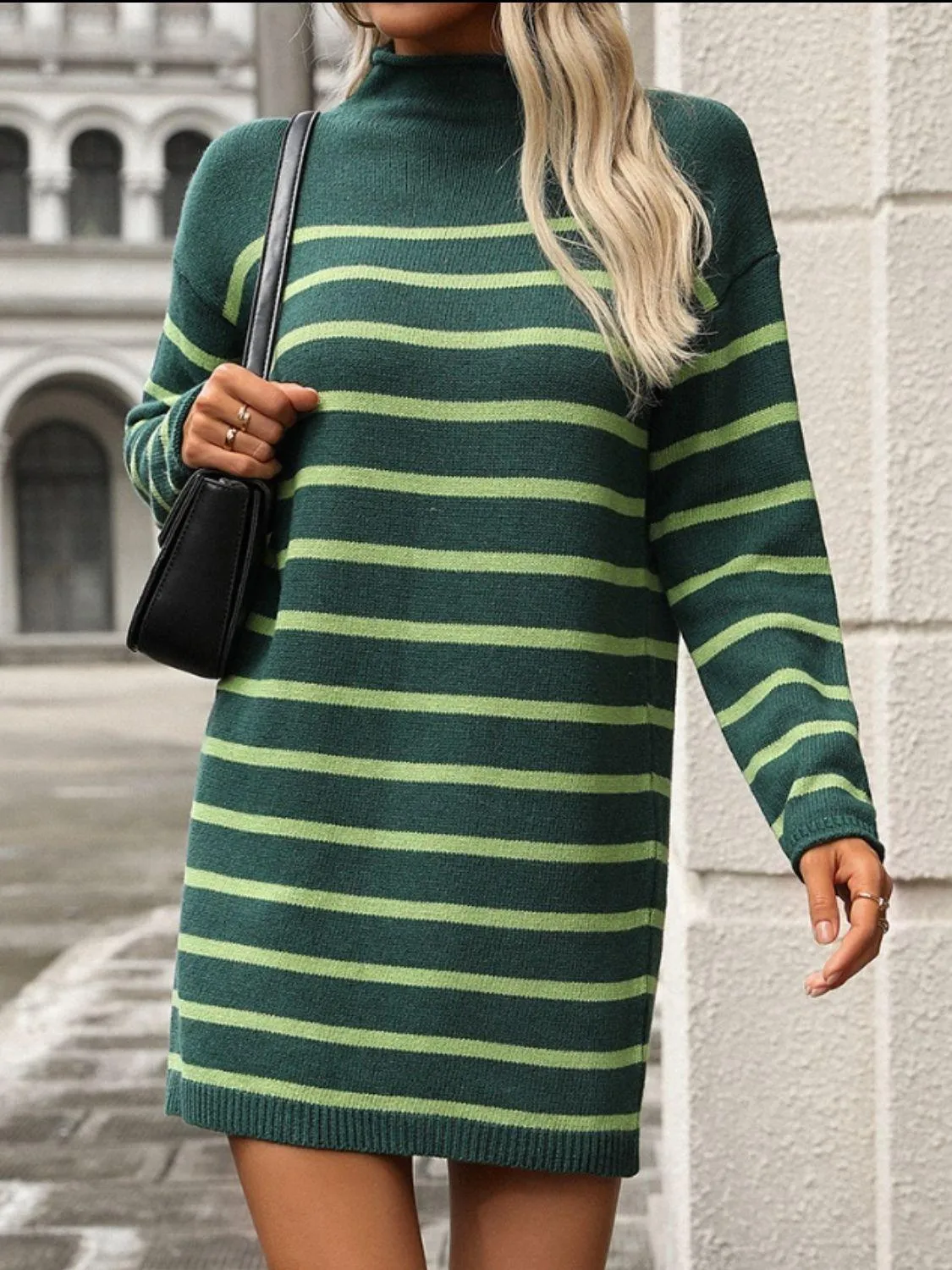 Striped Knit Mini Dress Mock Neck Long Sleeve