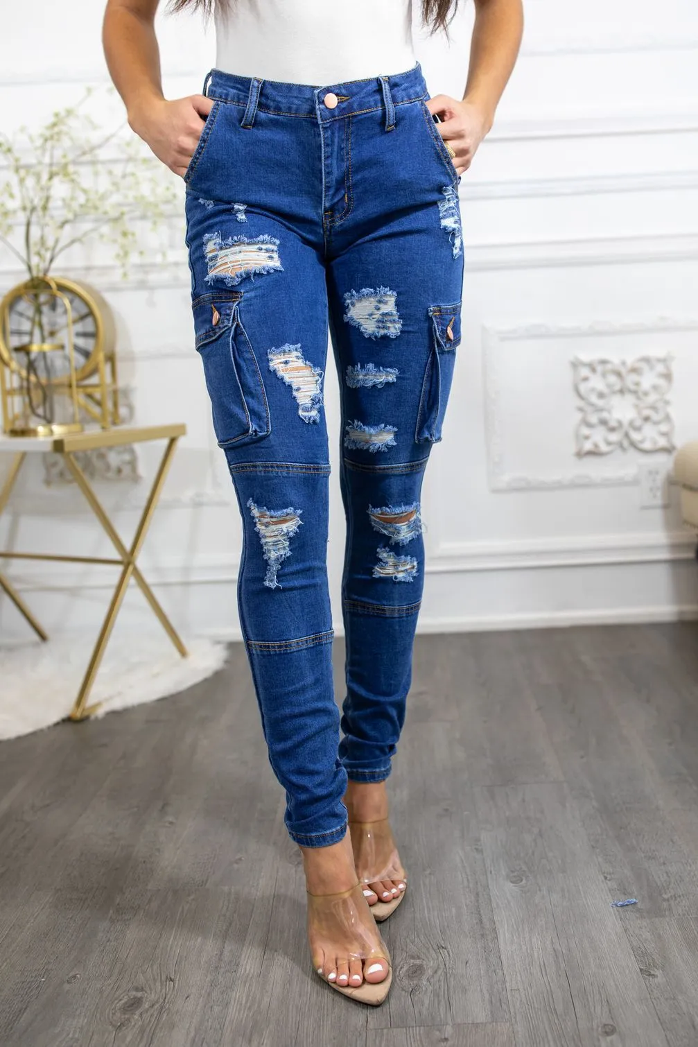 Super Stretch Distracted Distressed Cargo Skinny Jeans