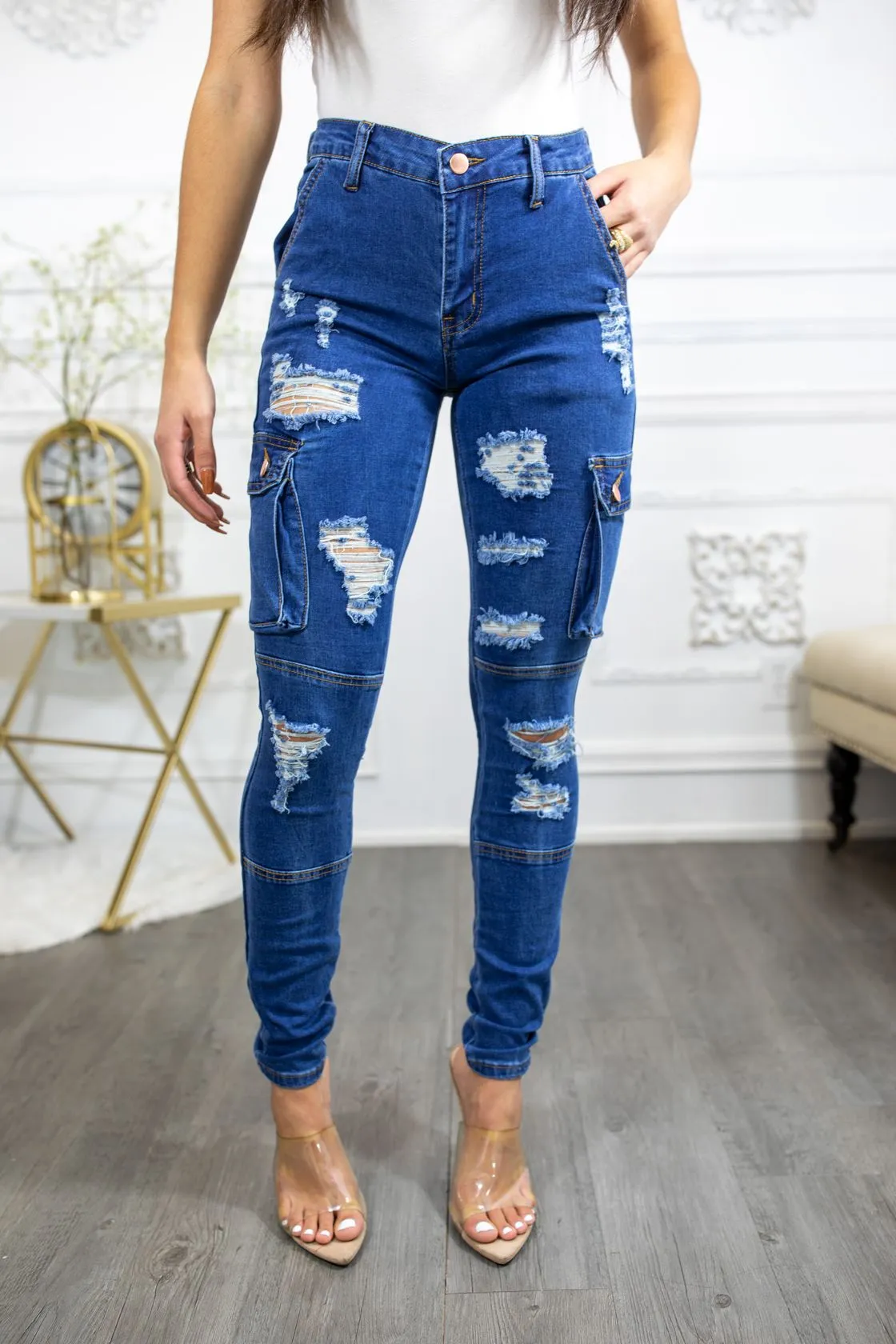 Super Stretch Distracted Distressed Cargo Skinny Jeans