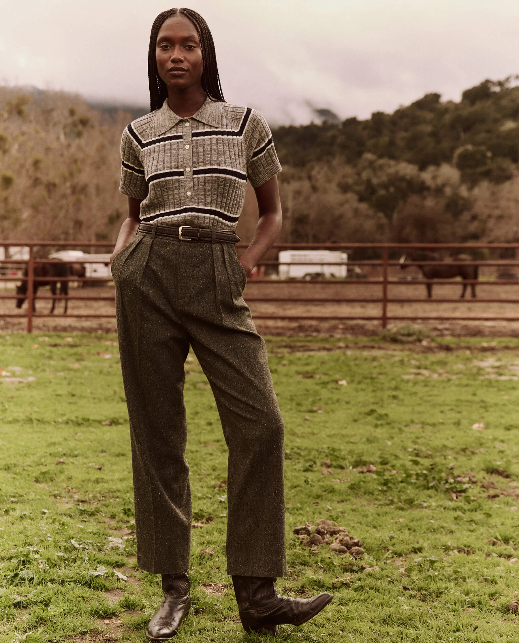 The Great Classic Polo Sweater in Heather Grey Stripe