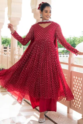 Trishika Red Lurex Flared Kurta With Pant & Dupatta