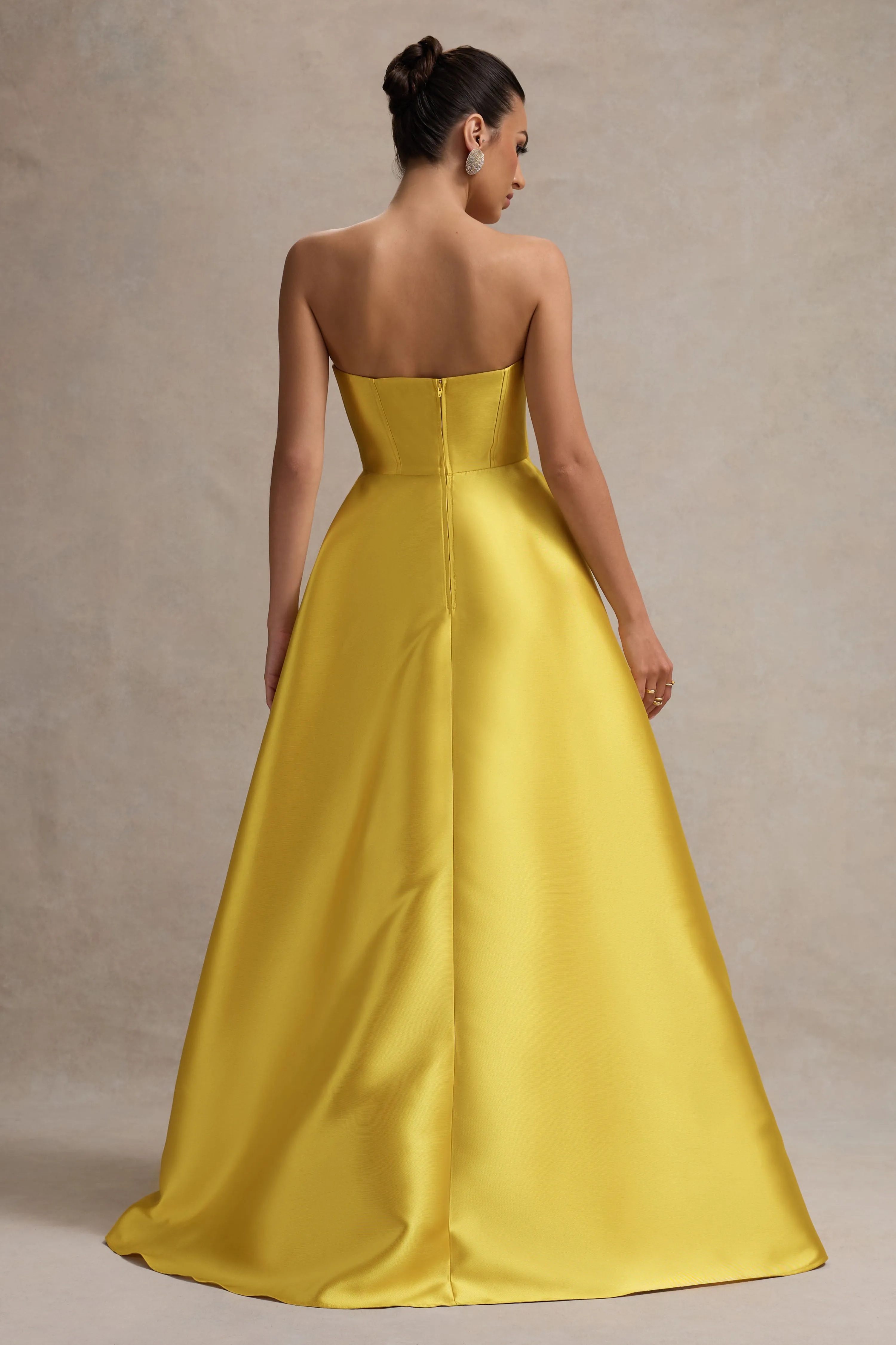 Universe | Mustard Bandeau Split Puff-Skirt Maxi Dress