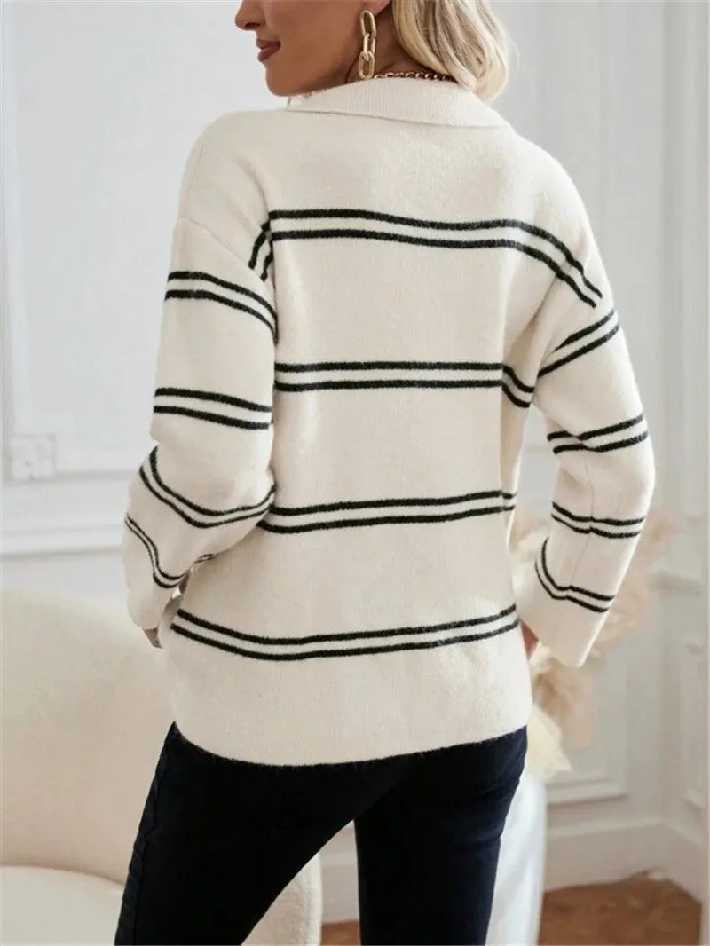 V-neck Striped Pullover Polo Shirt Sweater