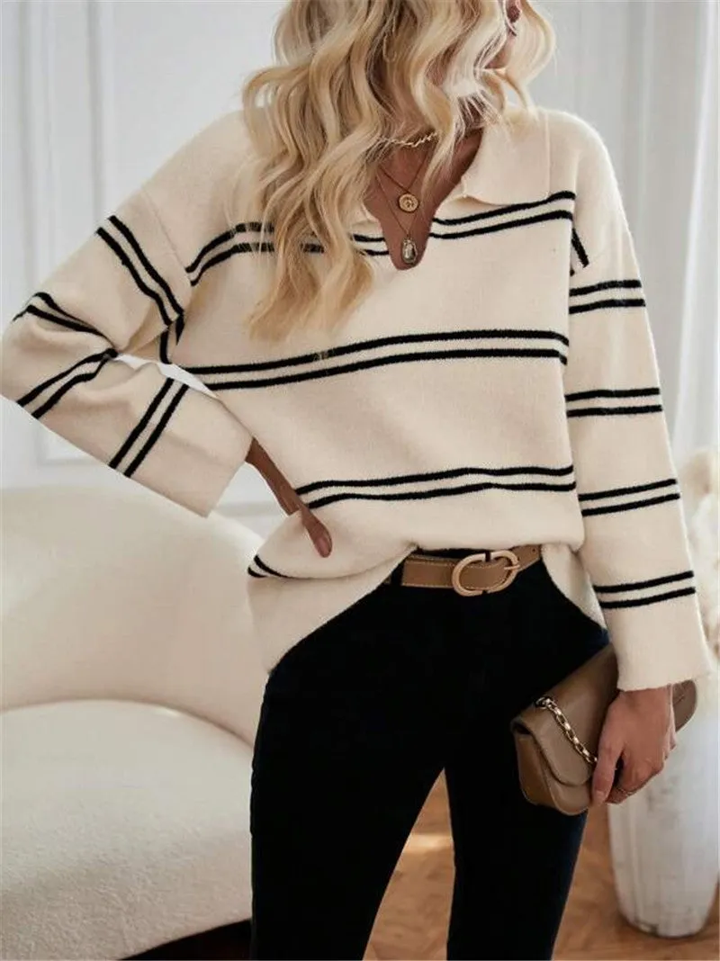 V-neck Striped Pullover Polo Shirt Sweater