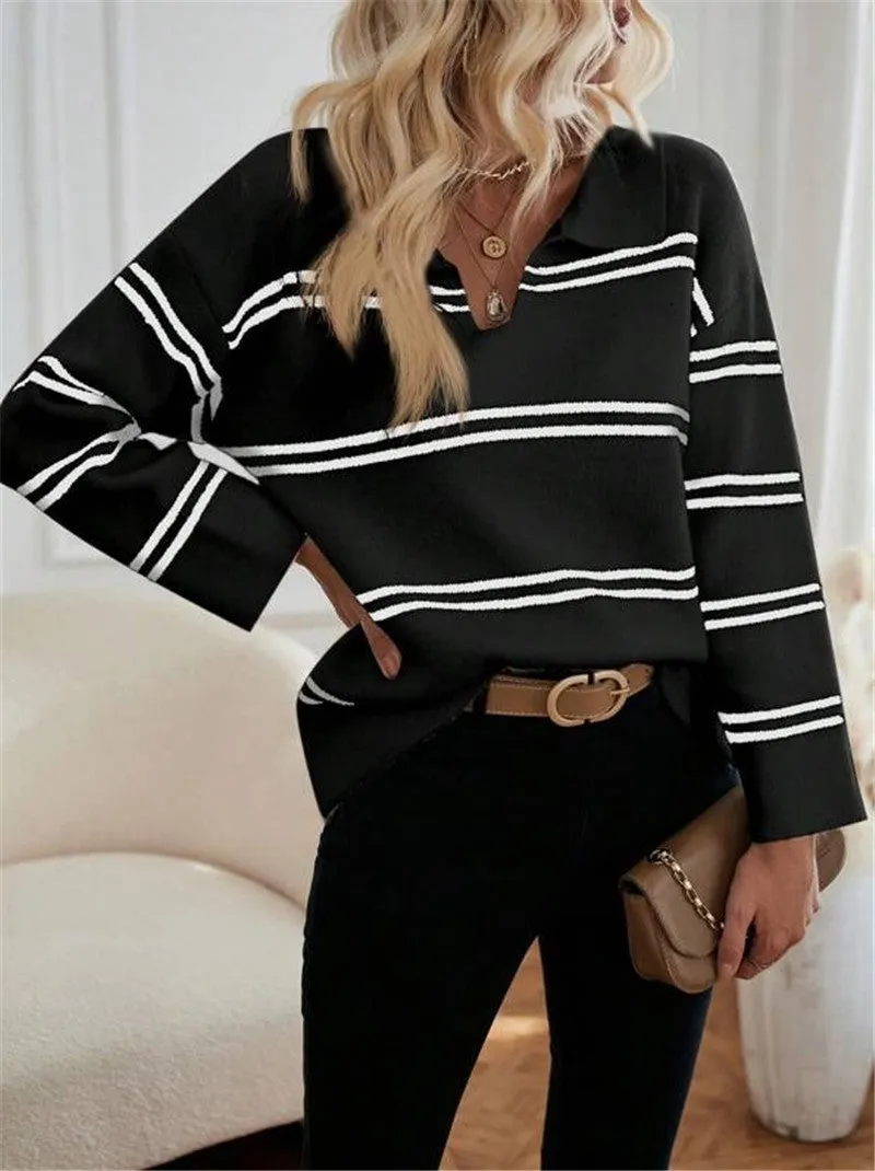 V-neck Striped Pullover Polo Shirt Sweater