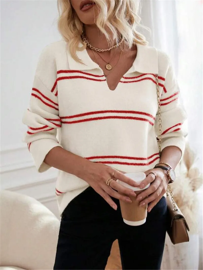 V-neck Striped Pullover Polo Shirt Sweater