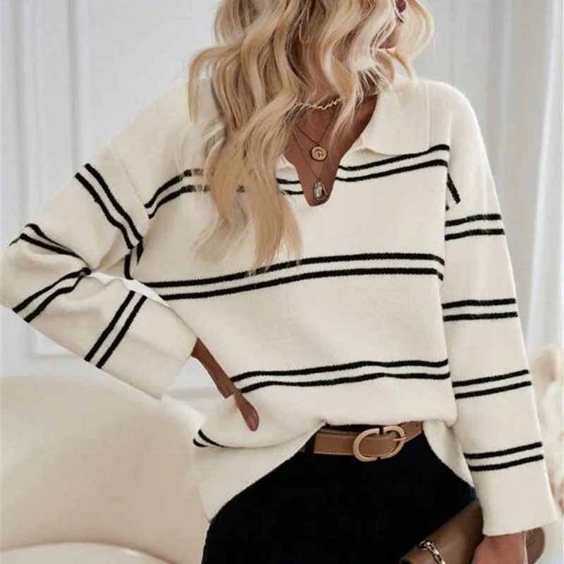 V-neck Striped Pullover Polo Shirt Sweater