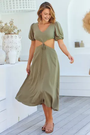 Vivienne Linen Khaki Cutout Puff Sleeve Dress