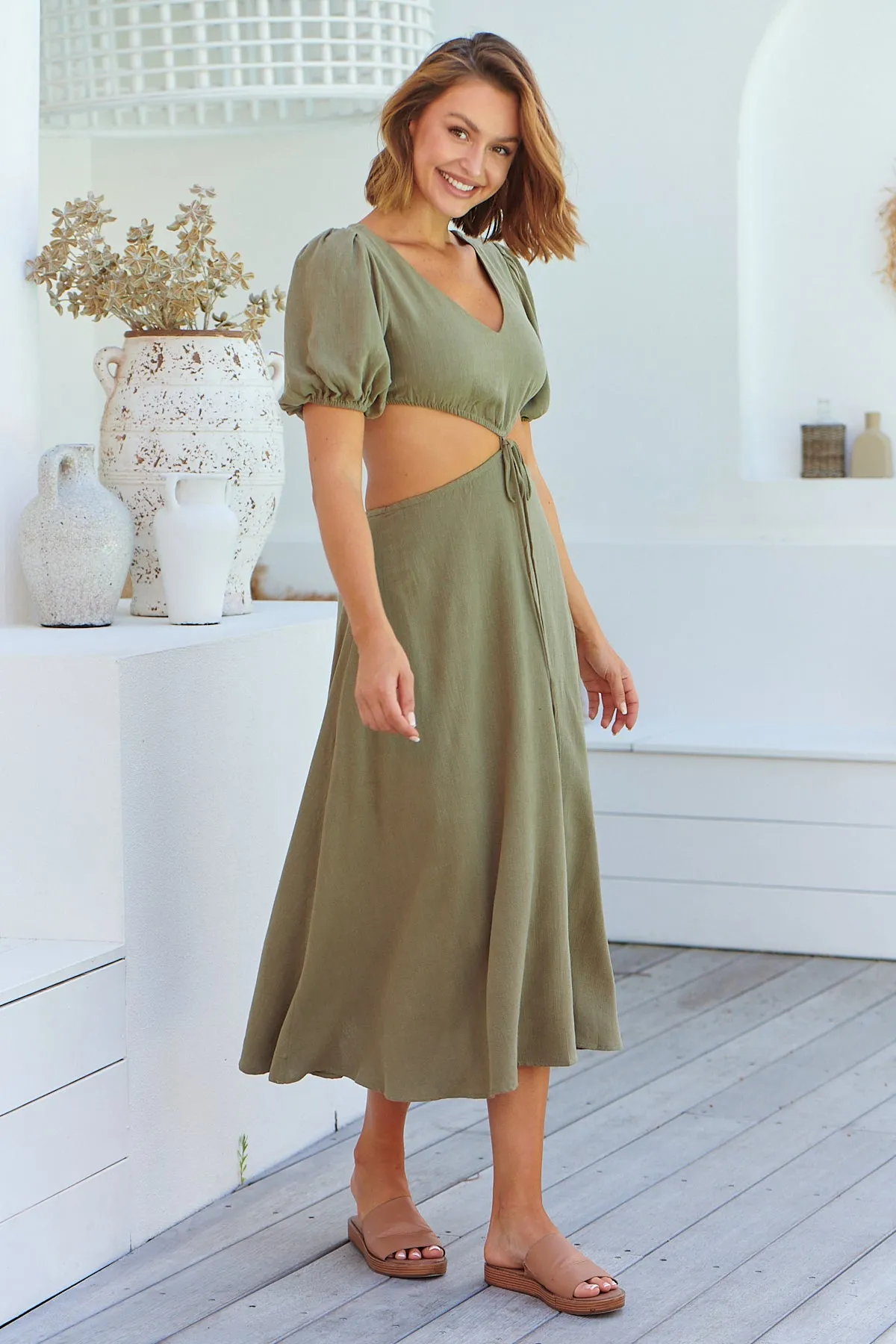 Vivienne Linen Khaki Cutout Puff Sleeve Dress